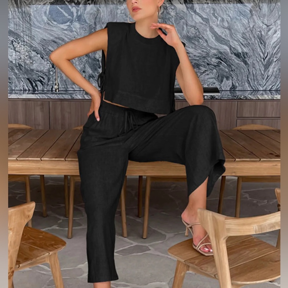 Utility Linen Two Piece Wide Leg Pants Set